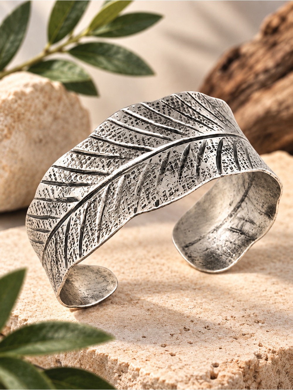 Textured Leaf Feather Open Cuff Statement Bracelet Silver Tone